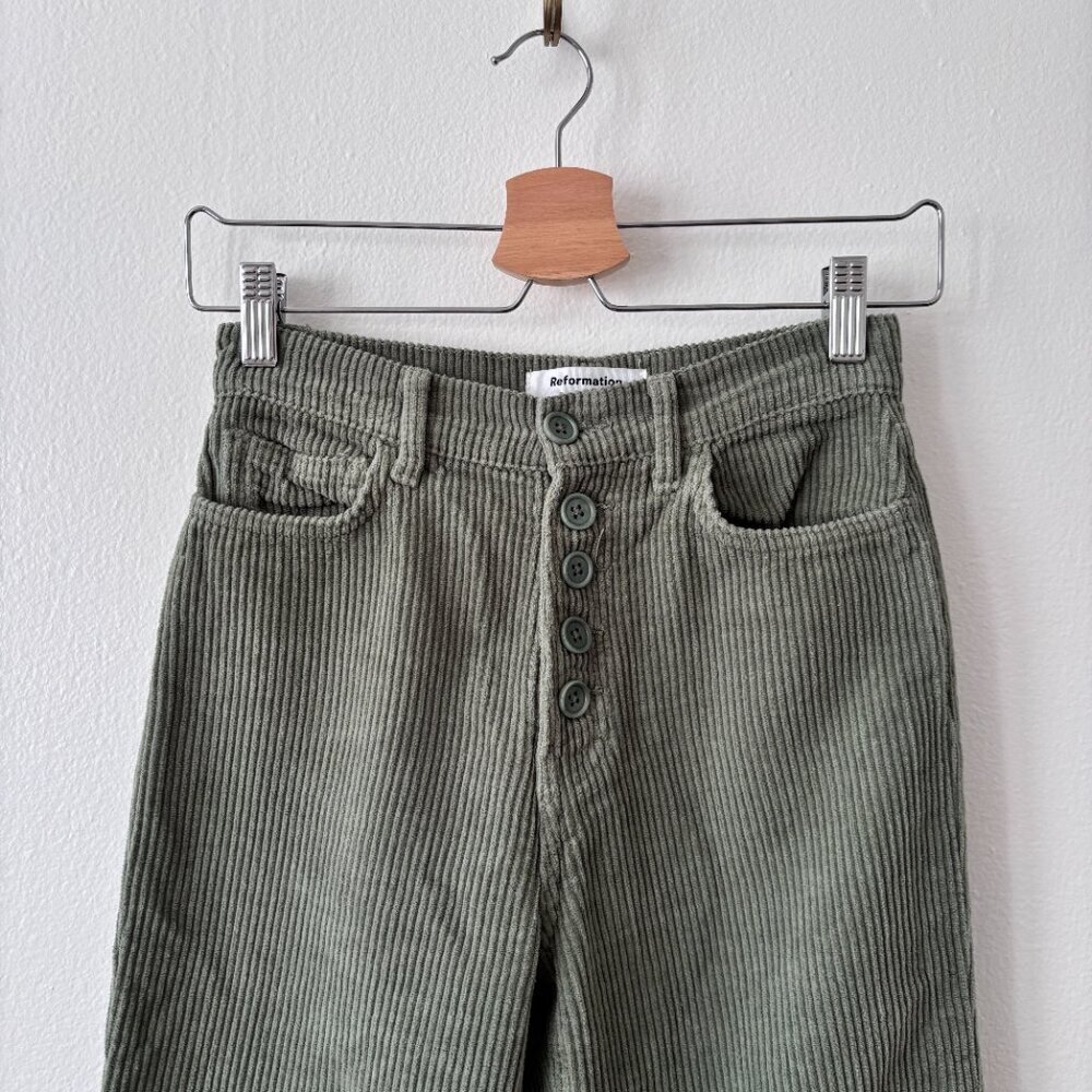 Reformation Cynthia Button Fly High Rise Straight Corduroy Pants in Moss - Picture 4 of 7